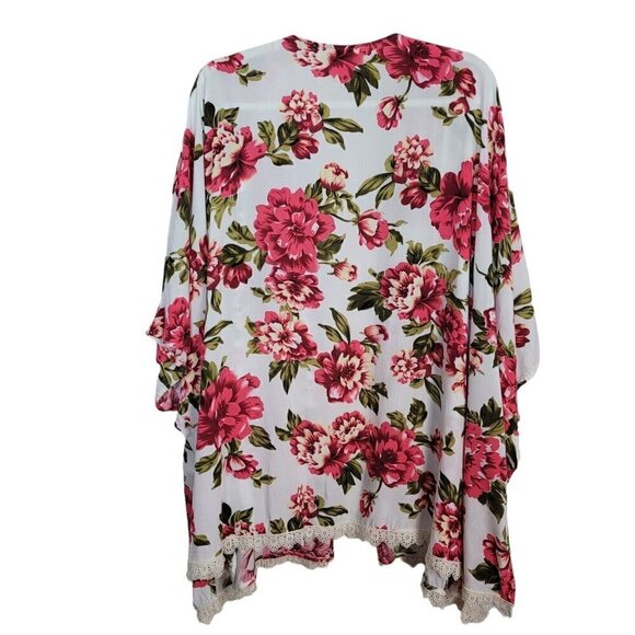 Umgee Floral Open Front Kimono Cardigan Crocheted Trim Feminine Cover Up Boxy - Picture 2 of 8